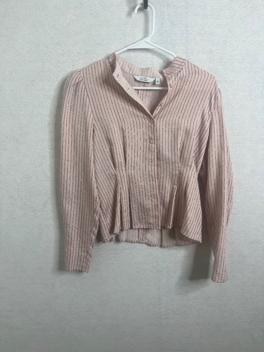 & Other Stories Paris Atelier Pink Striped Blouse Puff Sleeve Button Front Size